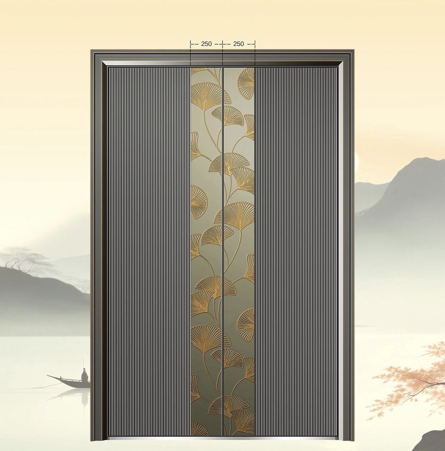好贵人名门 精雕铝别墅双开门 新中式银杏叶描金款