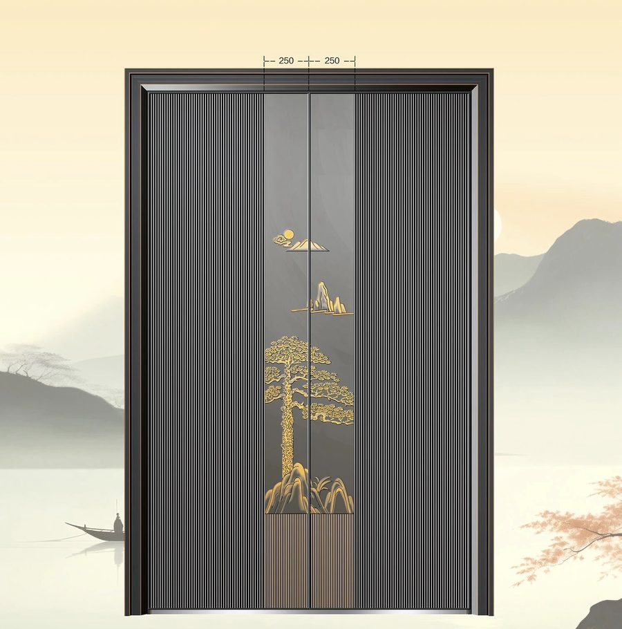 好贵人名门 精雕铝别墅双开门 迎客松描金款